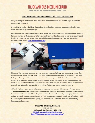 Truck Mechanic near Me – Find at All Truck Car Mechanic