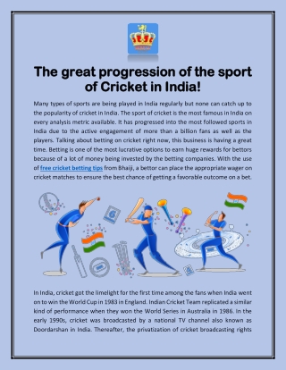 The great progression of the sport of Cricket in India!
