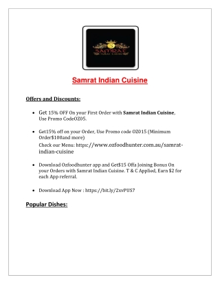 15% Off - Samrat Indian Cuisine - Takeaway magill, SA