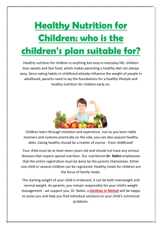 Healthy Nutrition for Children: who is the children's plan suitable for?