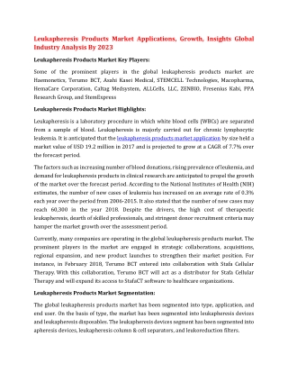 Leukapheresis Products Market Applications, Growth, Insights Global Industry Analysis By 2023