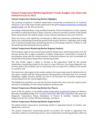 Patient Temperature Monitoring Market Trends, Insights, Size, Share and Global Forecast to 2023
