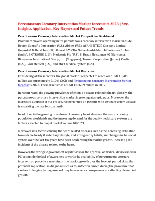 Percutaneous Coronary Intervention Market Forecast to 2023, Size, Insights, Application, Key Players and Future Trends