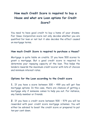 How much Credit Score is required to Buy a House and what are Loan options for Credit Score?