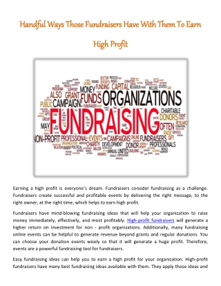 Handful Ways Those Fundraisers Have With Them To Earn High Profit