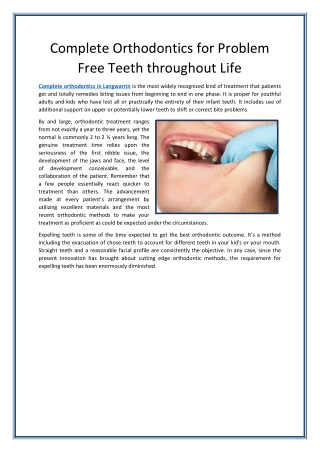 Complete Orthodontics for Problem Free Teeth throughout Life