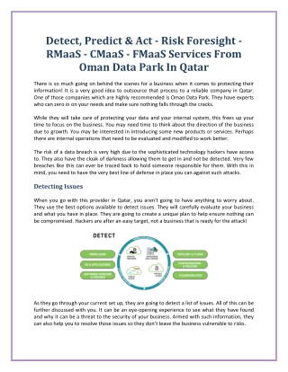 Detect, Predict & Act - Risk Foresight - RMaaS - CMaaS - FMaaS Services From Oman Data Park In Qatar