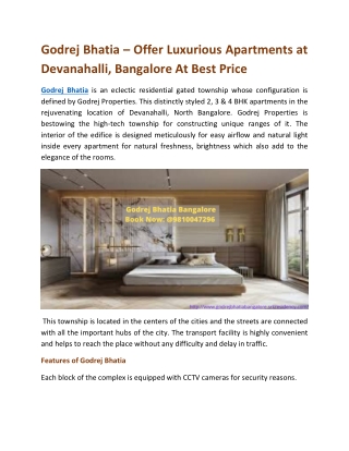 Godrej Bhatia – Offer Luxurious Apartments at Devanahalli, Bangalore At Best Price