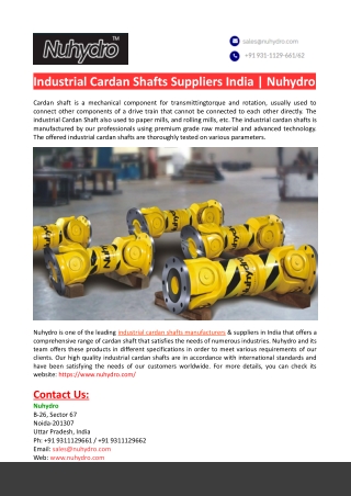 Industrial Cardan Shafts Suppliers in India