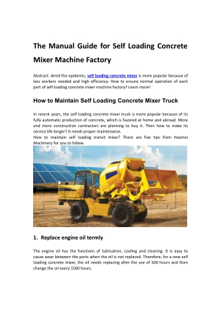 The Manual Guide for Self Loading Concrete Mixer Machine Factory