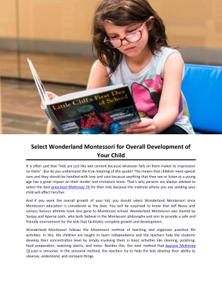 Select Wonderland Montessori for Overall Development of Your Child
