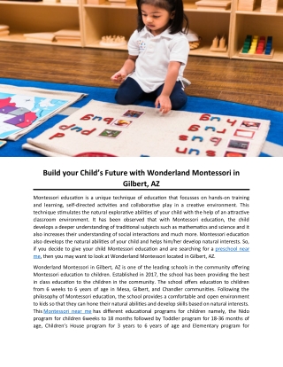 Build your Child’s Future with Wonderland Montessori in Gilbert, AZ