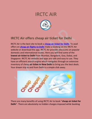 IRCTC Air offers cheap air ticket for Delhi