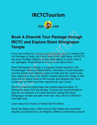 Book A Dharmik Tour Package through IRCTC and Explore Shani Shingnapur Temple