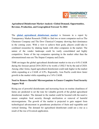 Agricultural Disinfectant Market Analysis -Global Demand, Opportunities, Revenue, Production, and Geographical Forecast