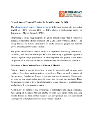 Natural Source Vitamin E Market To Be At Forefront By 2024