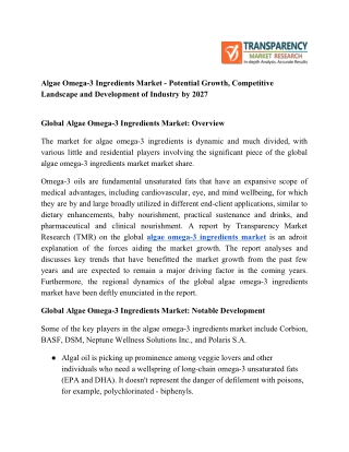 Algae Omega-3 Ingredients Market – Potential Growth, Competitive Landscape and Development of Industry by 2027