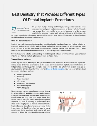 Best Dentistry That Provides Different Types Of Dental Implants Procedures
