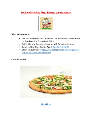 5% Off - Loui and Frankos Pizza & Pasta on Broadway VIC.