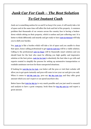 Junk Car For Cash - The Best Solution To Get Instant Cash