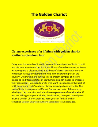 Get Golden Chariot Southern Splendour Tour