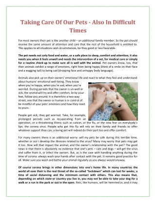 Taking Care Of Our Pets - Also In Difficult Times
