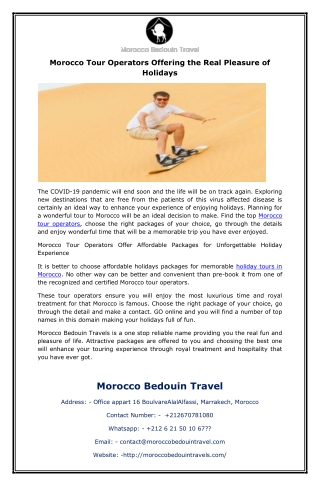 Morocco Tour Operators Offering the Real Pleasure of Holidays