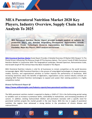 MEA Parenteral Nutrition Market 2020 Global Industry Size, Share, Revenue, Business Growth, Demand And Applications