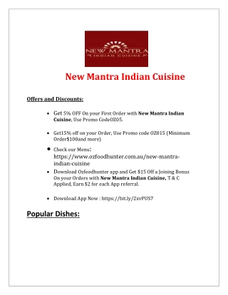 New Mantra Indian Cuisine Greenacres, SA - 5% Off