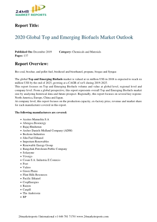 Top and Emerging Biofuels Market  2020