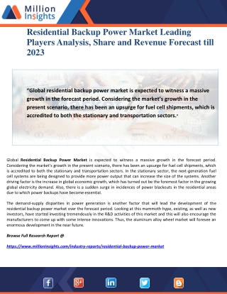 Residential Backup Power Market Leading Players Analysis, Share and Revenue Forecast till 2023