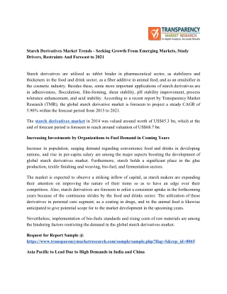 Starch Derivatives Market Trends – Seeking Growth From Emerging Markets, Study Drivers, Restraints And Forecast to 2021