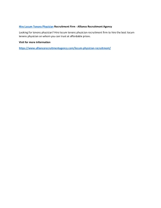 Hire Locum Tenens Physician Recruitment Firm - Alliance Recruitment Agency