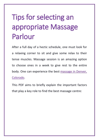 Tips for selecting an appropriate Massage Parlour