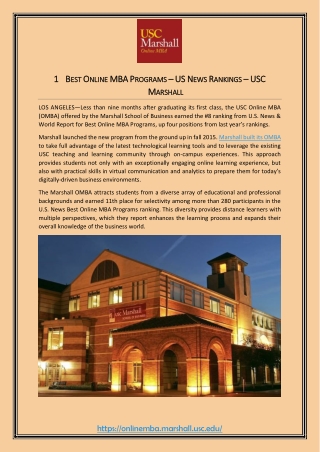 BEST ONLINE MBA PROGRAMS – US NEWS RANKINGS – USC MARSHALL