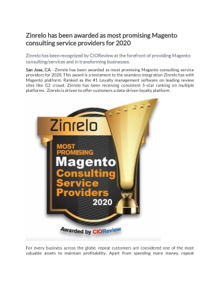 Zinrelo has been awarded as most promising Magento consulting service providers for 2020
