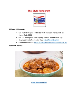 5% off - Thai Style Restaurant Richmond Takeaway Menu, VIC