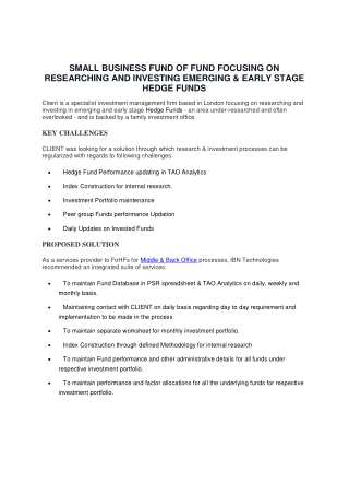 SMALL BUSINESS FUND OF FUND FOCUSING ON RESEARCHING AND INVESTING EMERGING & EARLY STAGE HEDGE FUNDS