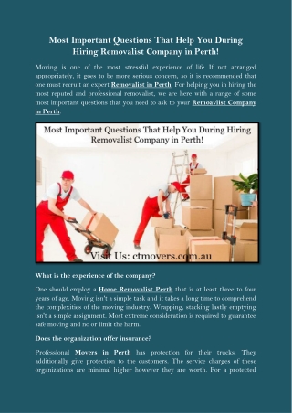 Most Important Questions That Help You During Hiring Removalist Company in Perth!