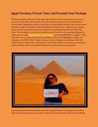 Egypt Vacation, Private Tour, and Pyramid Tour Package