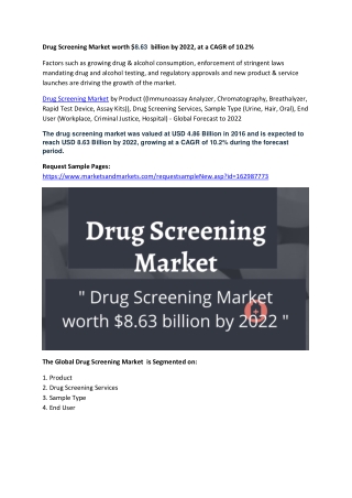 Drug Screening Market worth $8.63 billion by 2022, at a CAGR of 10.2%