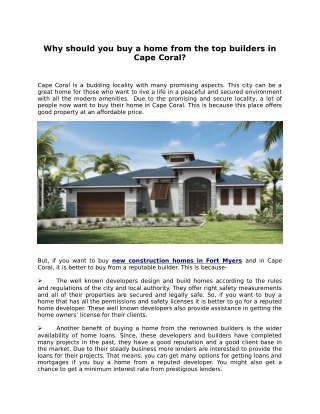 Why should you buy a home from the top builders in Cape Coral?