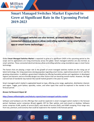 Smart Managed Switches Market Expected to Grow at Significant Rate in the Upcoming Period 2019-2023
