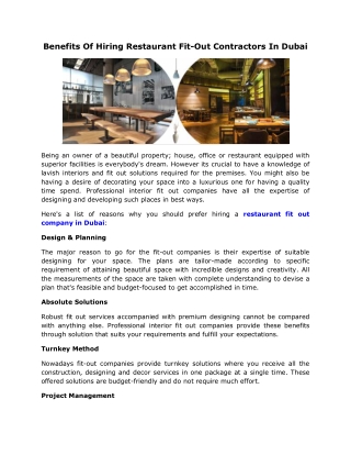 Benefits Of Hiring Restaurant Fit-Out Contractors In Dubai