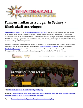 Famous Indian astrologer in Sydney – Bhadrakali Astrologer: