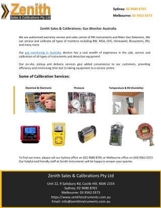 Zenith Sales & Calibrations: Gas Monitor Australia