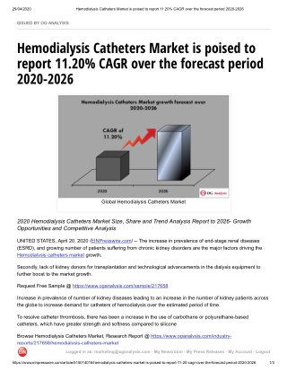 Hemodialysis Catheters Market is poised to report 11.20% CAGR over the forecast period 2020-2026