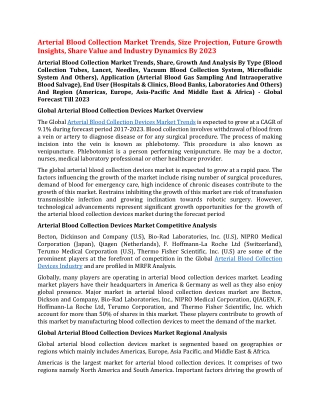 Arterial Blood Collection Market Trends, Size Projection, Future Growth Insights, Share Value and Industry Dynamics By 2