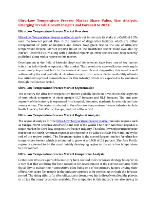 Ultra-Low Temperature Freezer Market Share Value, Size Analysis, Emerging Trends, Growth Insights and Forecast to 2024