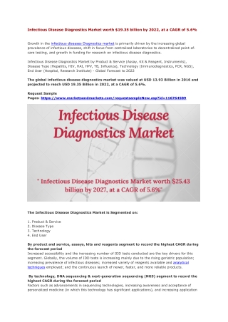 Infectious Disease Diagnostics Market worth $19.35 billion by 2022, at a CAGR of 5.6%